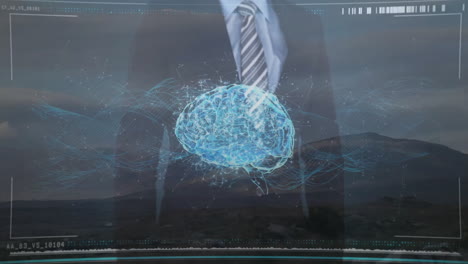 digital brain animation over businessperson in suit with landscape background