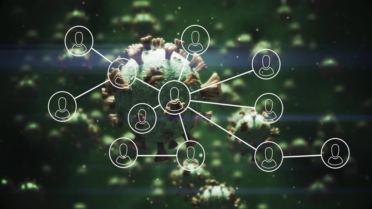 Animation showing network of connected user icons representing coronavirus spread