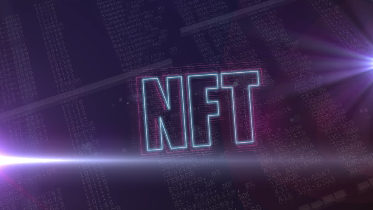 punto de luz sobre banner de texto nft contra el procesamiento de datos en fondo negro