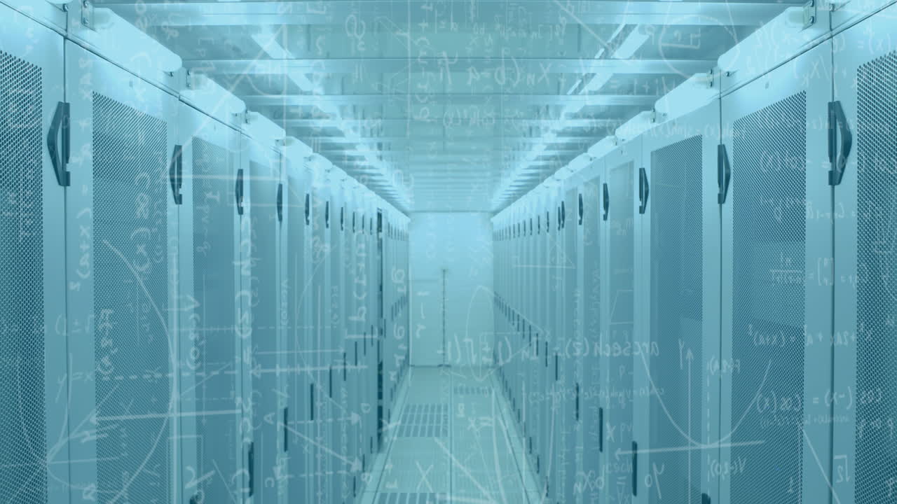 컴퓨터 서버와 함께 기술 방을 통해 수학적 공식의 애니메이션