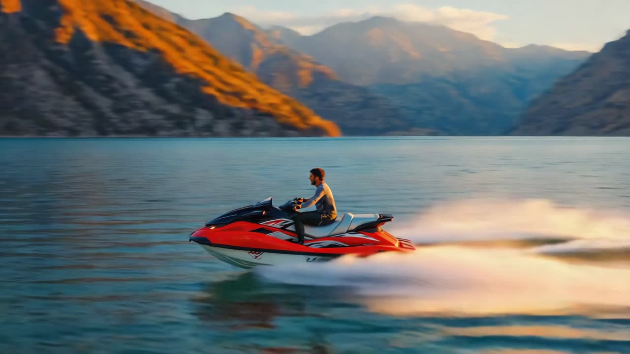 Man riding a jet ski on a lake with mountains in the background