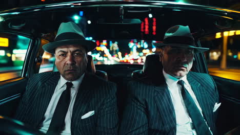 two gangsters in a car at night