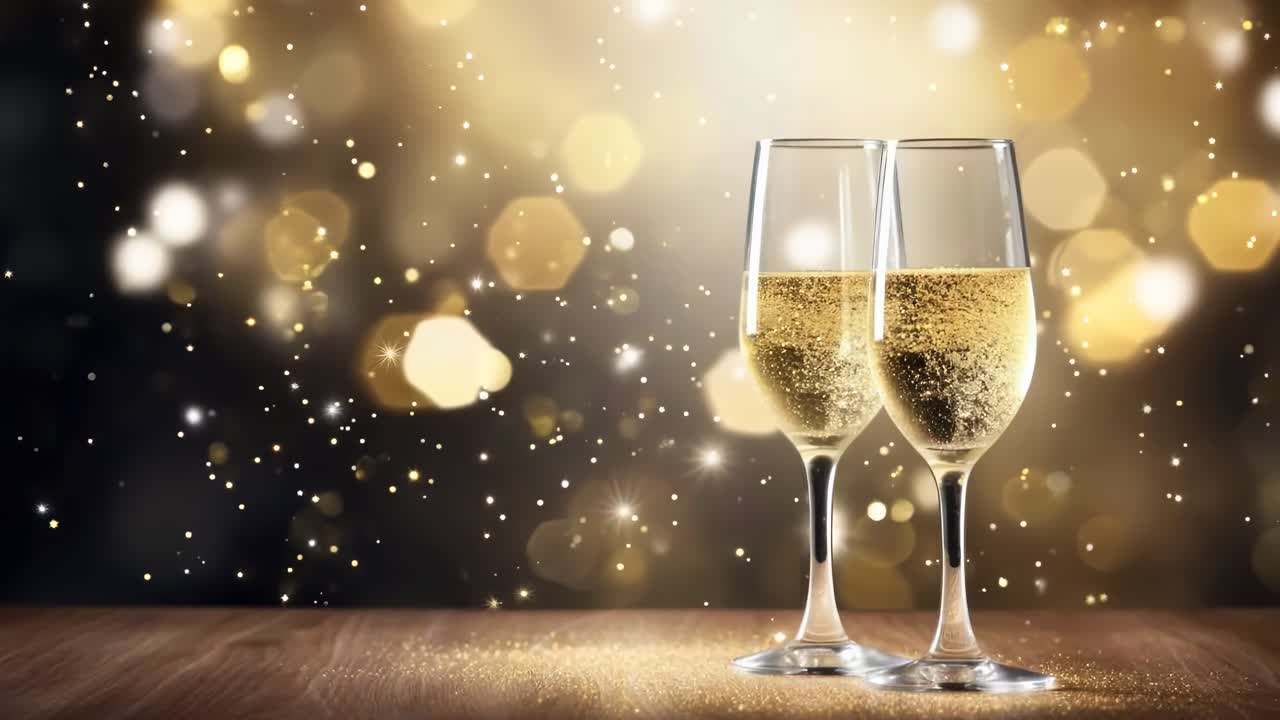 Due calici di champagne su un tavolo di legno con uno sfondo bokeh