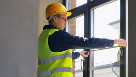 Männlicher-Baumeister-Mit-Lineal-Und-Klemmbrett,-Das-Fenster-Misst.-Baugeschäft-Und-Gebäudekonzept