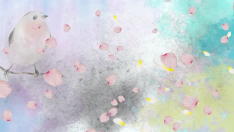 Animation-of-spring-scenery-with-floating-pink-flower-petals-and-birds