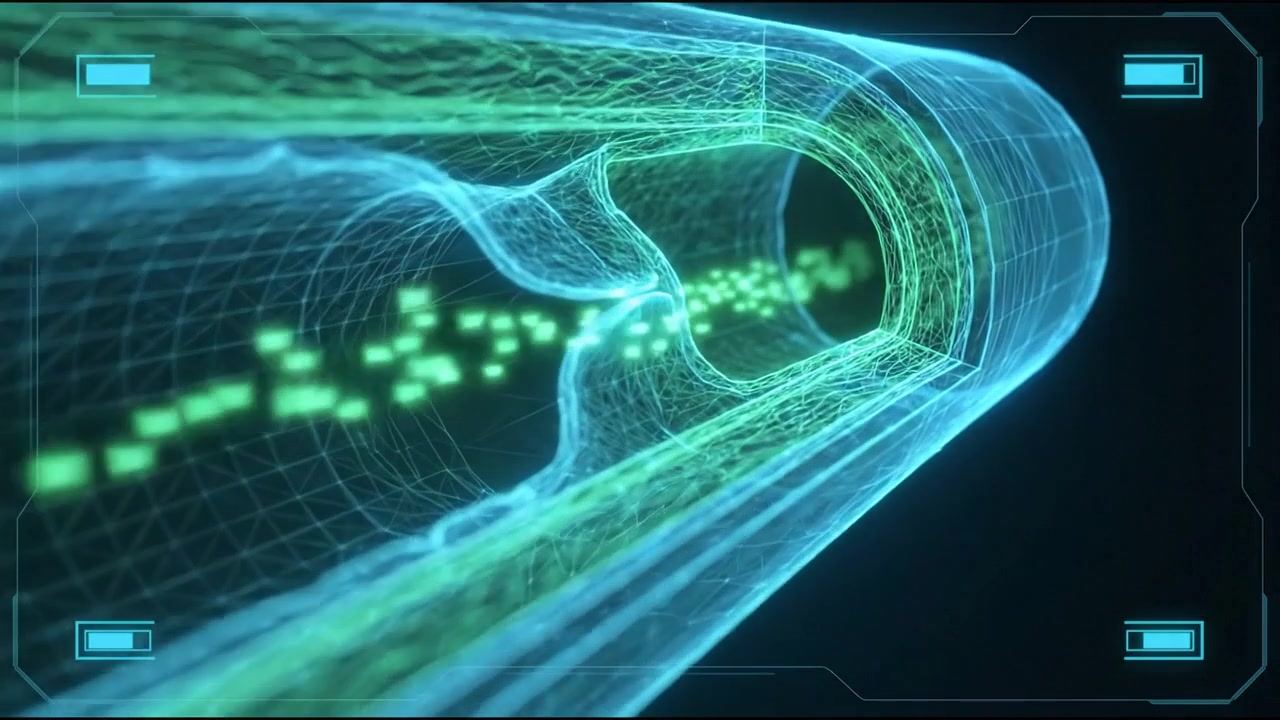 Vascular tube section with glowing fluid blood flow