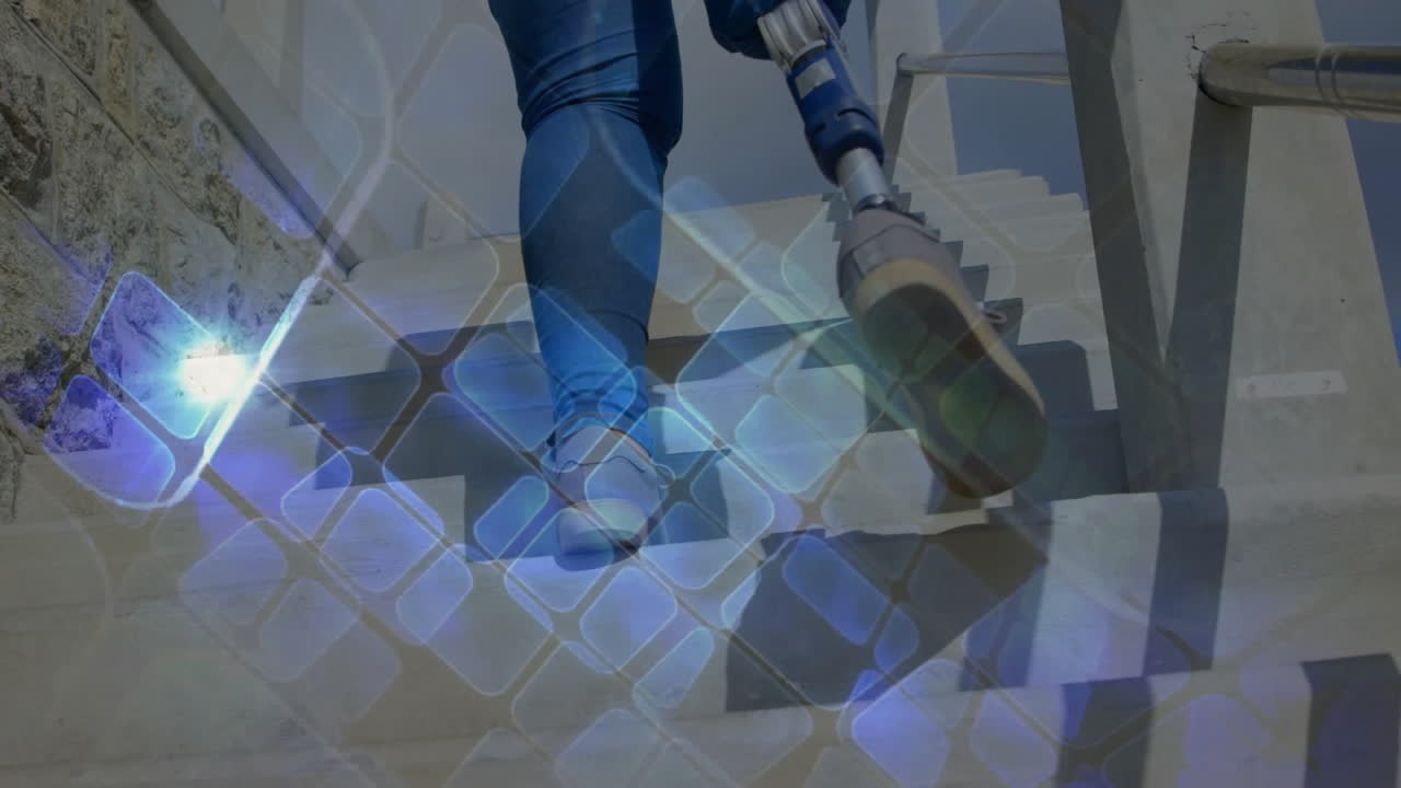 Climbing stairs, person with prosthetic leg in animation with digital grid overlay