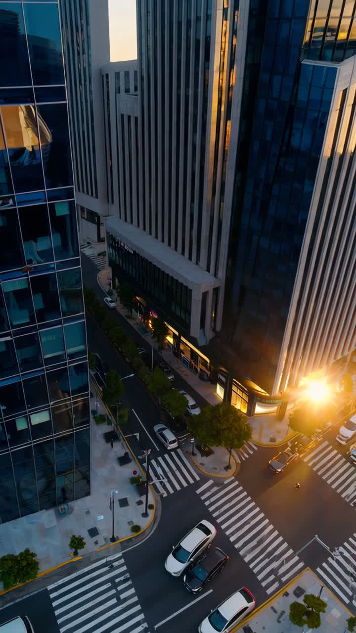Aerial view of a modern city intersection at sunset