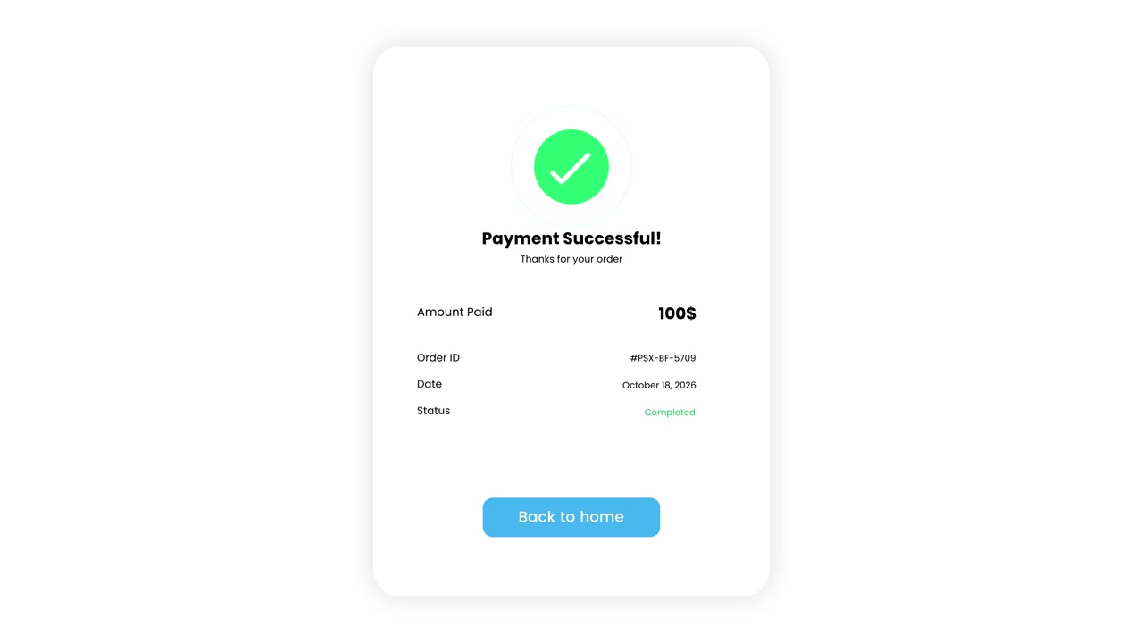 Online payment checkout process with successful transaction animation featuring purchase confirmation badge