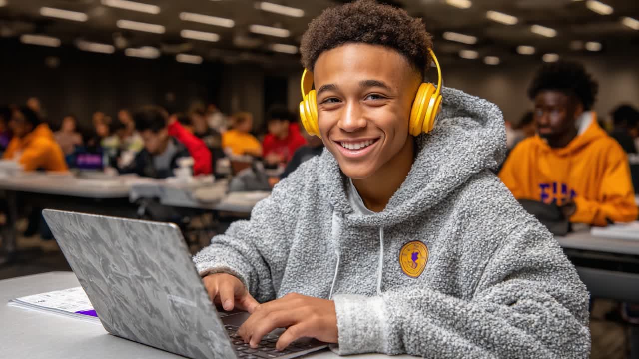 En fokuseret studerende bruger teknologi i et dynamisk læringsmiljø, med høretelefoner på og fordybet i sine studier, mens de skriver på en laptop.