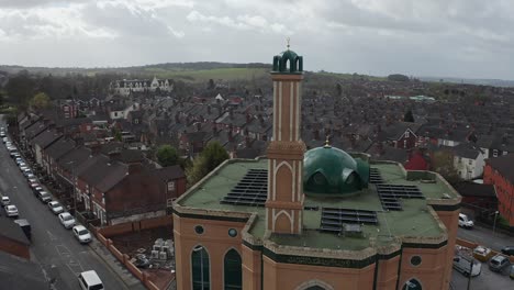 Aerial-view-of-Gilani-Noor-Mosque-in-Longton,-Stoke-on-Trent,-Staffordshire,-the-new-Mosque-being-built-for-the-growing-muslim-community-to-worship-and-congregate