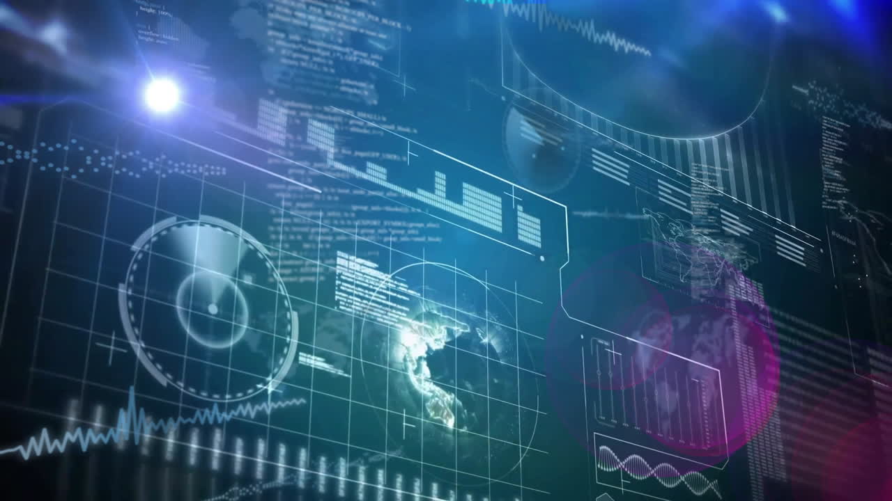 Animation of globe and data processing over screens