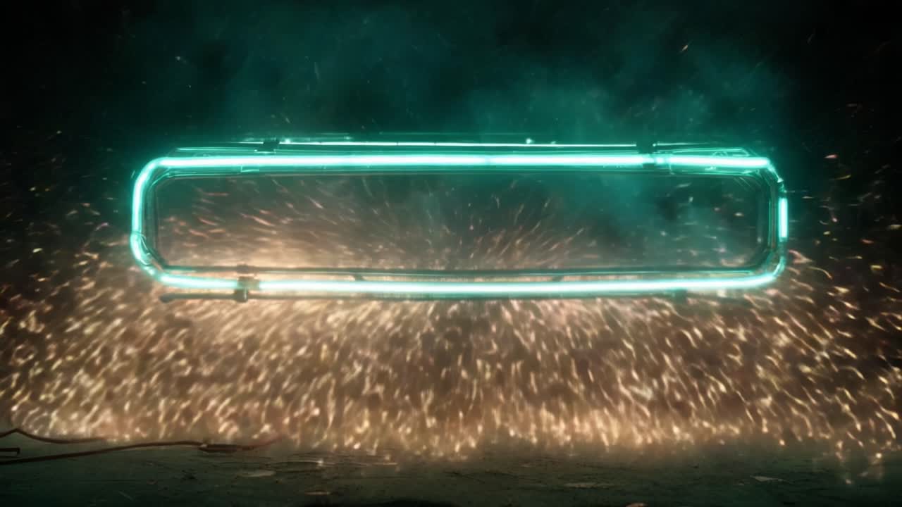 Futuristic turquoise neon light frame levitating above a surface with glowing orange sparks and smoke erupting below. Sci fi technology creating a powerful and mysterious glowing effect