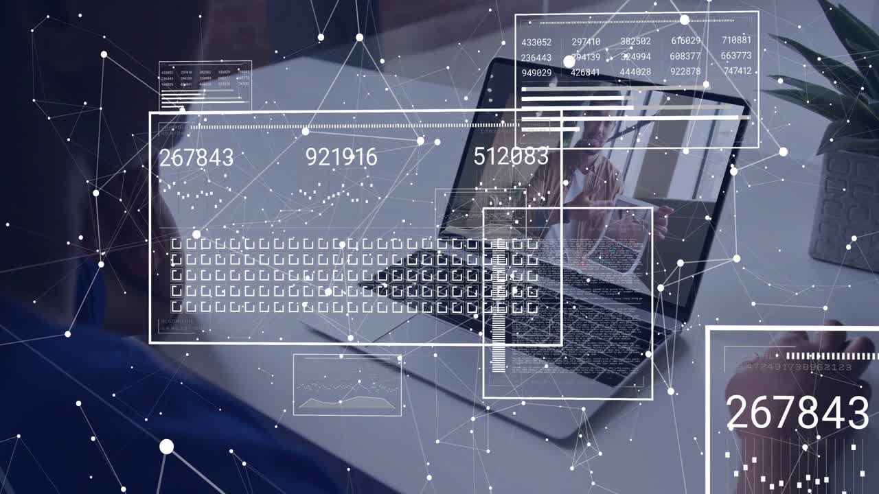 man opening laptop woman gesturing on tablet overlays sliding numbers updating typing tech meeting