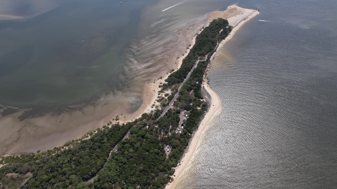 Inskip Point Peninsula At The Entrance Of Tin Can Inlet And Great Sandy Strait River In Inskip, QLD, Australia. aerial shot