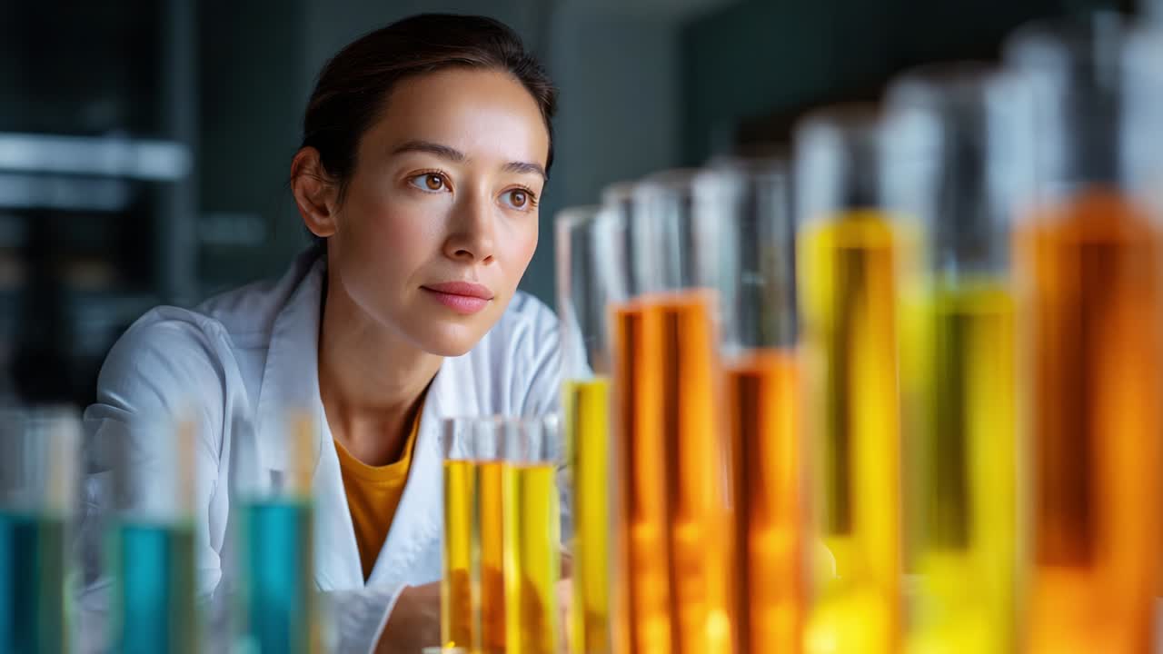 Engaged Researcher Analyzing Colorful Solutions in Laboratory Glassware, Illuminated by Natural Light - Focused Scientific Exploration of Chemical Reactions and Experimentation