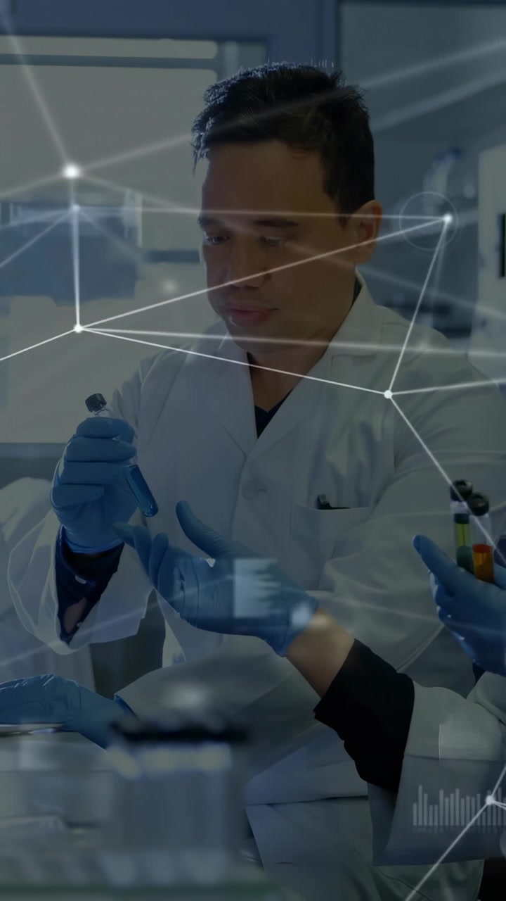 Vertical video: Asst offering vial, lab tech checking sample for test, overlaying nodes over hands