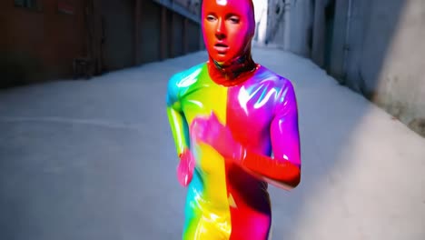 person in a colorful rainbow suit running in an alley