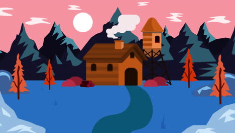 animation of house in mountain scenery on pink background