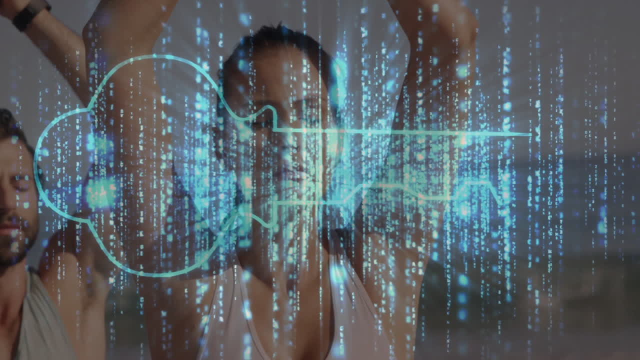 People practicing yoga with digital data and technology animation overlay