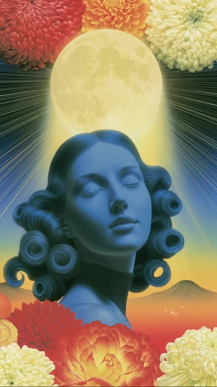 Surreal Illustration of a Blue Woman Beneath a Glowing Full Moon