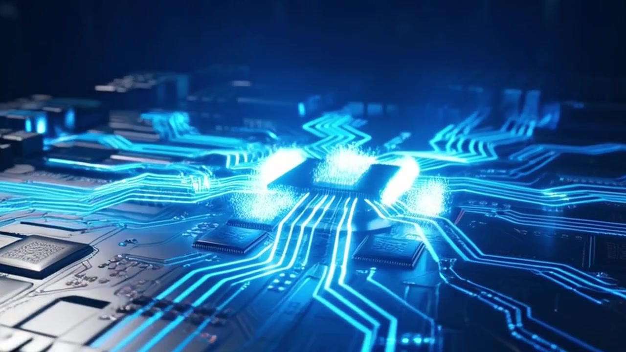 Digital Circuit Board with Glowing Data Processing Icons