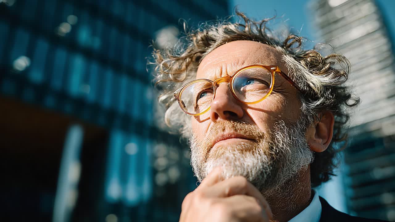 A thoughtful individual with curly hair and stylish glasses contemplating life, set against modern urban architecture in a vibrant and inspiring atmosphere