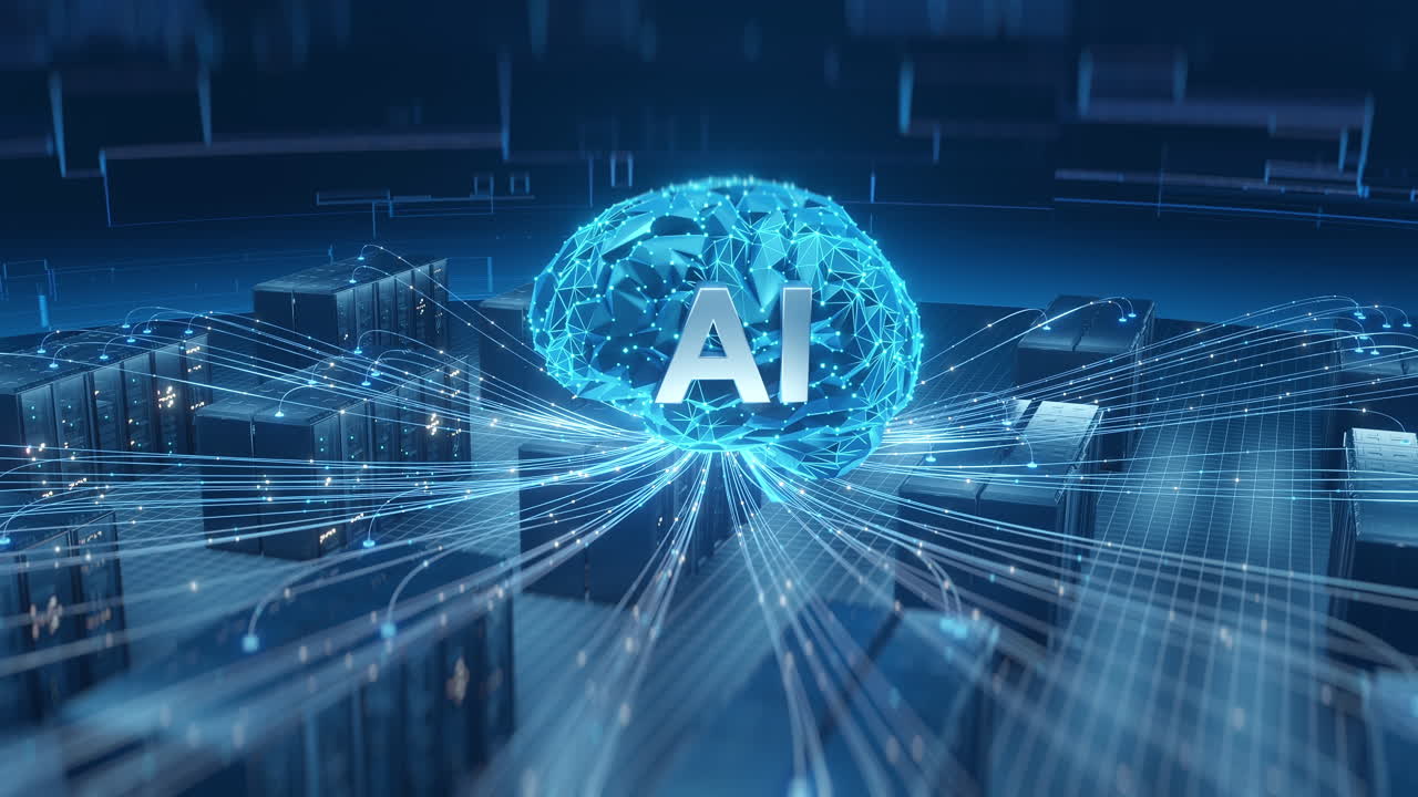 데이터 서버를 연결하는 인공지능(AI) 추상 시각화. 미래 지향적 데이터 센터 환경에서 뇌 네트워크 노드가 컴퓨터 랙에 연결된 AI 개념.
