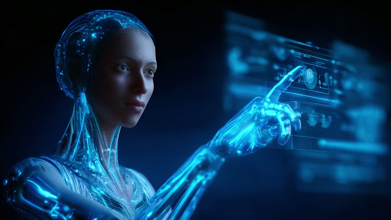 A futuristic humanoid robot interacts with a glowing digital interface, showcasing advanced technology and artificial intelligence in a captivating visual display