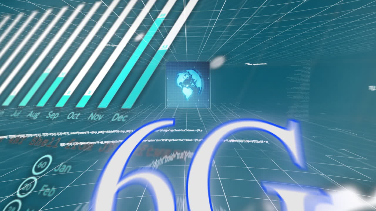 Animation of 6g text over data processing and globe