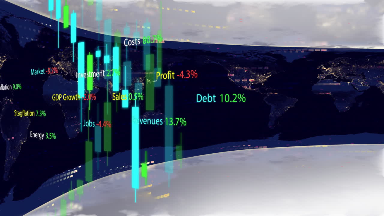 밤에 세계 지도 위의 금융 데이터 및 통계 애니메이션