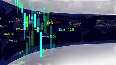 financial data and statistics animation over world map at night