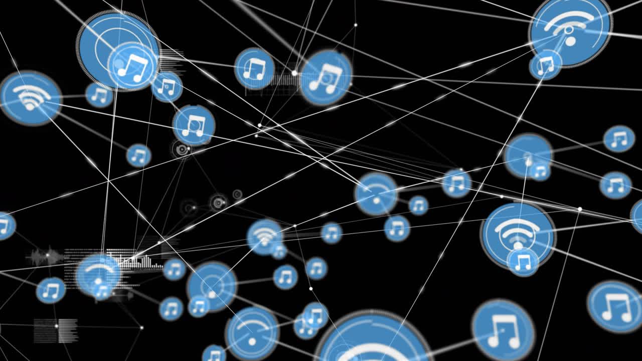 Central blue node pulsing, spawning wifi and music nodes, forming 3D mesh showing connections