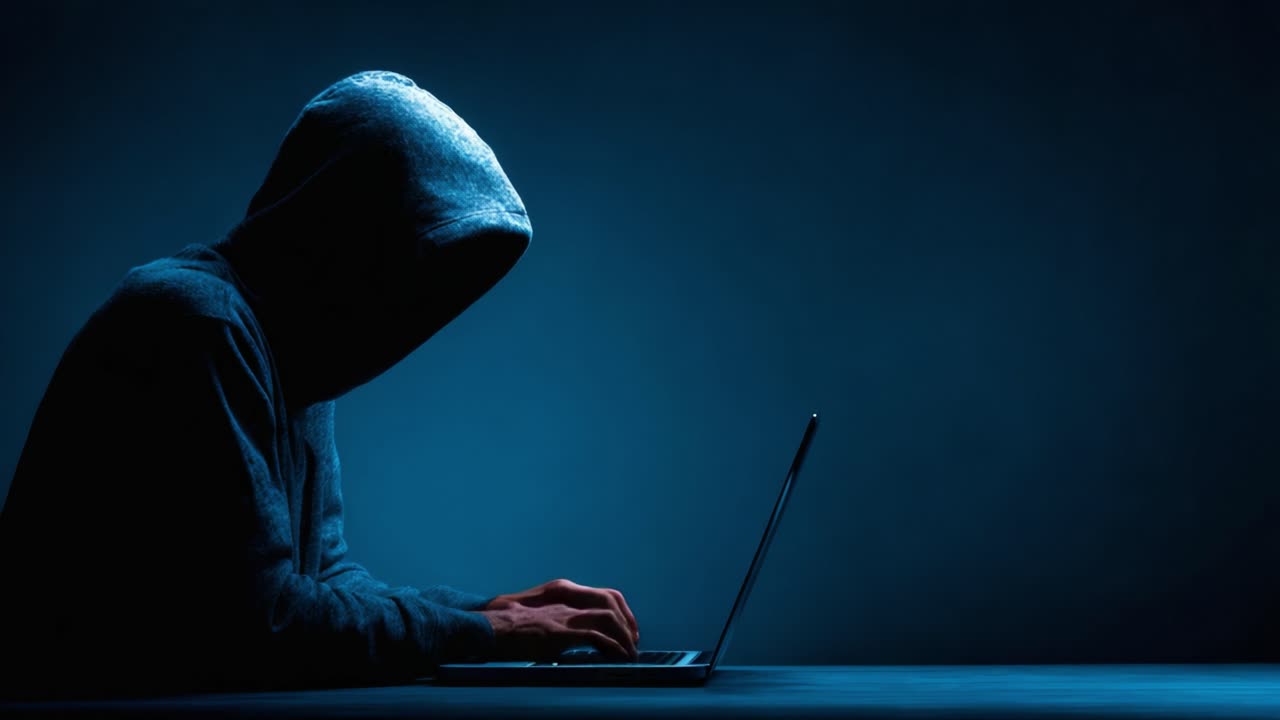 Una figura misteriosa in felpa con cappuccio dedita a un complesso lavoro al computer sotto una luce fioca, che incarna l'essenza dell'intrigo cibernetico e del mistero.