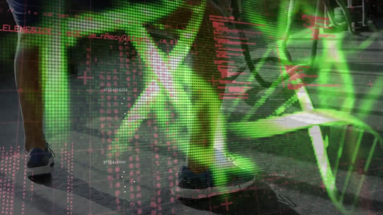 animación de procesamiento de datos y cadenas de adn sobre un hombre caucásico haciendo ejercicio en el gimnasio