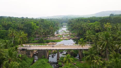 stunning aerial drone shot of kerala's lush greenery, with a river snaking through coconut tree-covered forests.