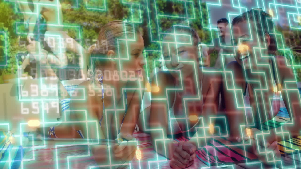 Relaxing by pool, women using digital devices with network animation overlay