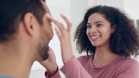 Couple-laughing,-bathroom-and-cream-for-morning