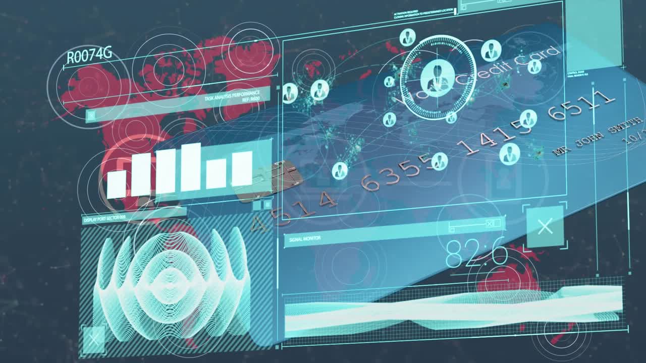 Animation of digital interface and data processing over dark background