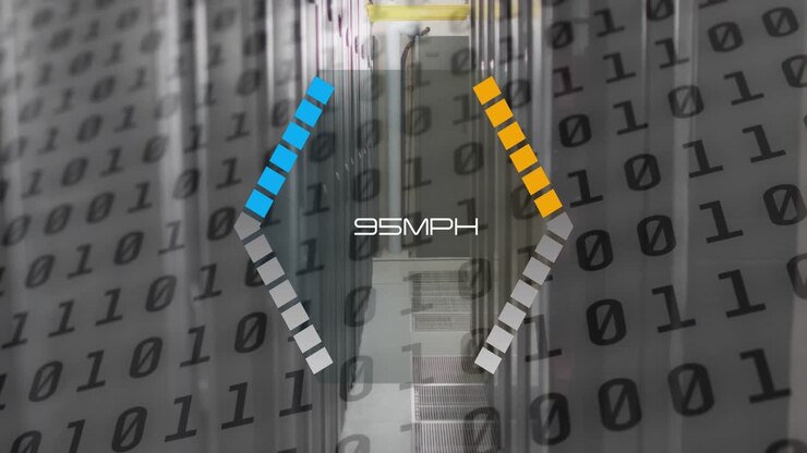 Animation of speed gauge and binary coding data processing over computer servers