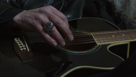 closeup of hand: bearded grey haired man plays black 12-string guitar