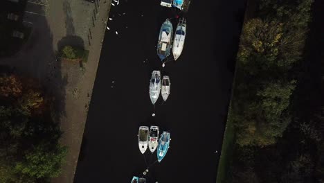 descending shot over boats on canal, bird flies through right of shot