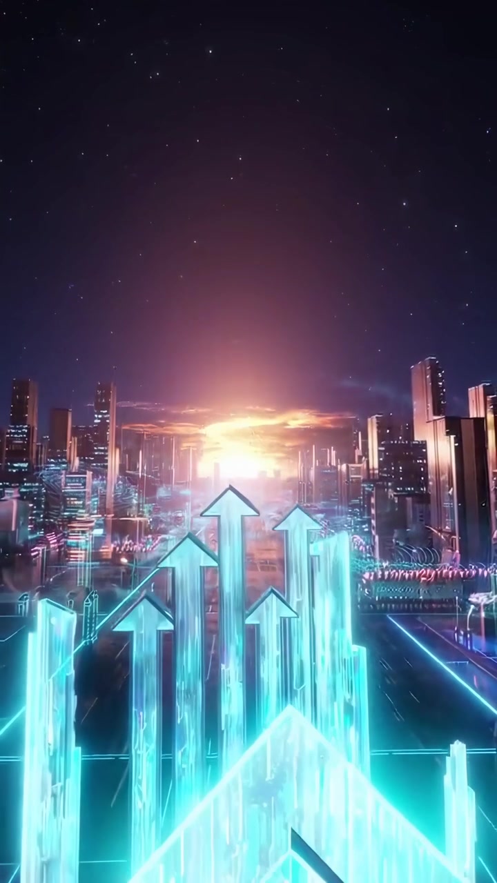 Città futuristica con frecce di crescita digitale in aumento