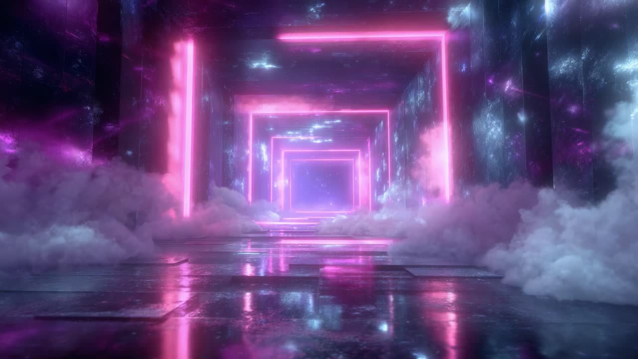 Captivating Neon Tunnel: A Stunning Visual Journey with Dazzling Lights, Mystic Fog, and an Endless Perspective of Colorful Reflections and Futuristic Ambiance
