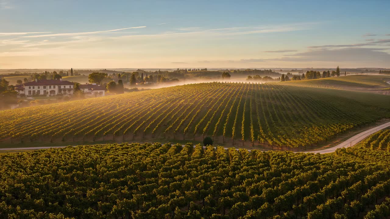 Drone planant qui révèle des rangées de vignes sur des collines au lever du soleil, avec un chemin de terre, une ferme et de la brume