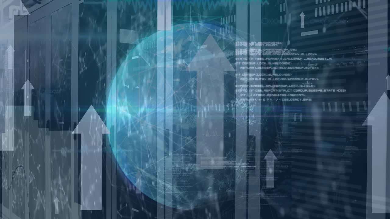 지구상의 애니메이션, 연결된 점, 위쪽 화살표, 컴퓨터 언어, 데이터 서버 랙에 대한 그래프