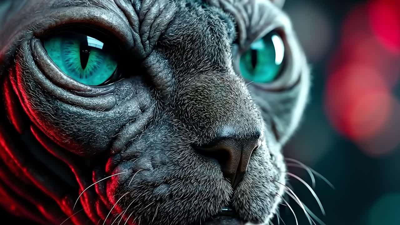 A close up of a cat's face with blue eyes