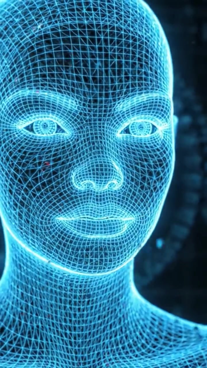 Exploring the Boundaries of Digital Reality: A Journey Through the Intricate Mesh of a Wireframe Human Face Representation in Futuristic Tech Visuals