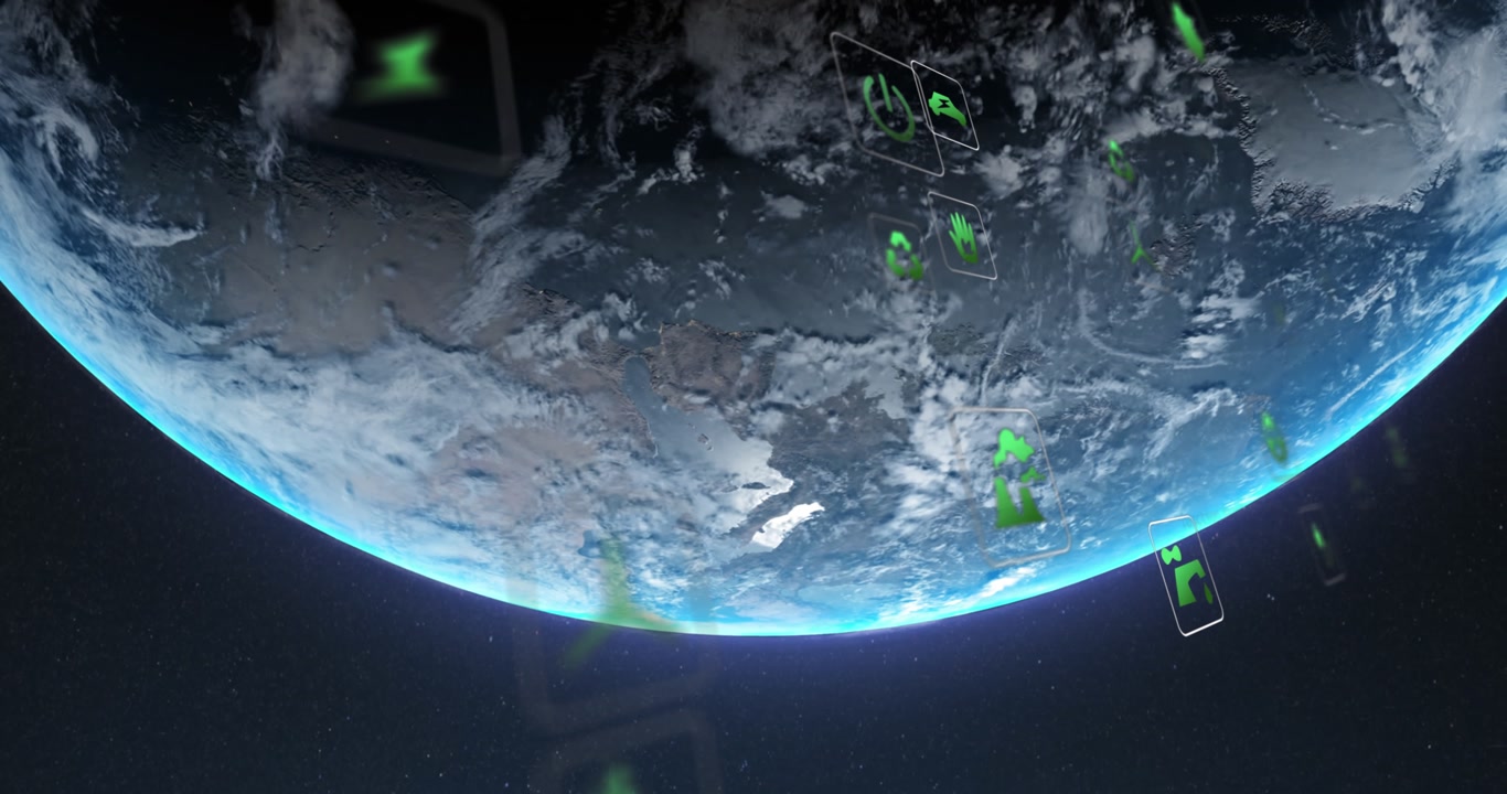 Animation of icons in squares and computer language over rotating globe against abstract background