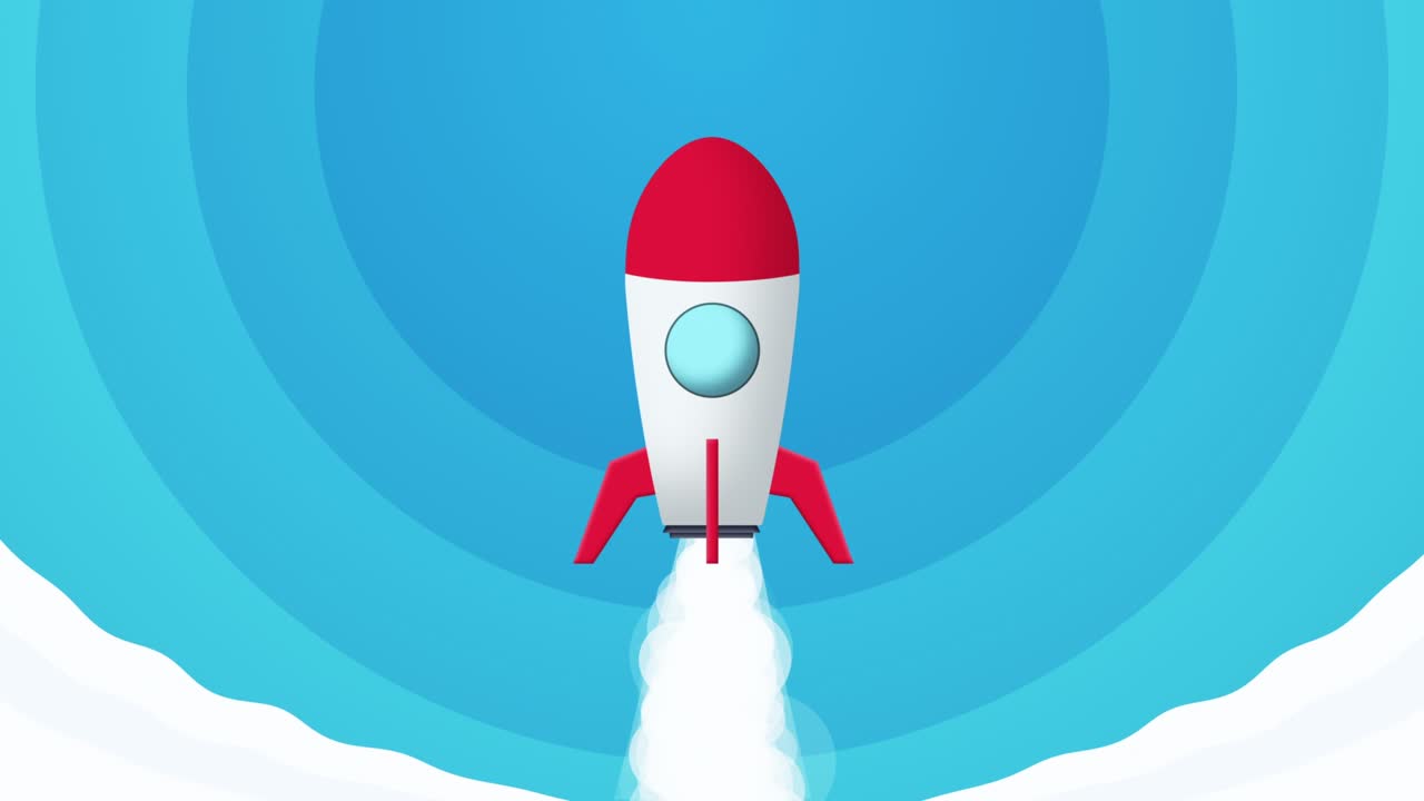un avión de cohetes de arranque de dibujos animados volando hacia el fondo del cielo azul. haz planes y dirígete a la línea de meta.